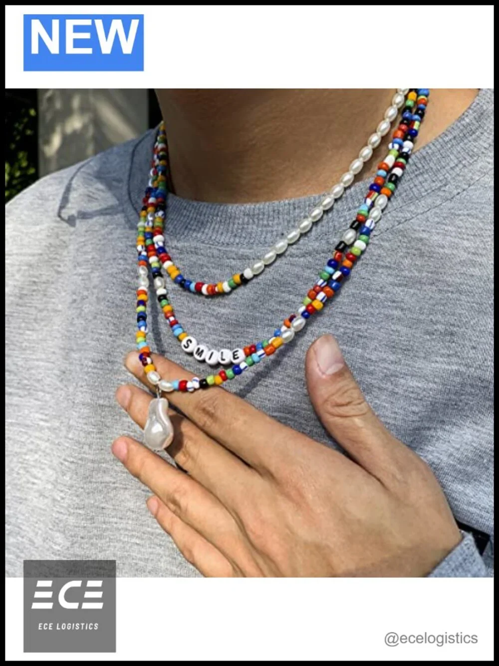 Boho Beaded Pearl Strand Necklace Adjustable Acrylic Women's Jewelry